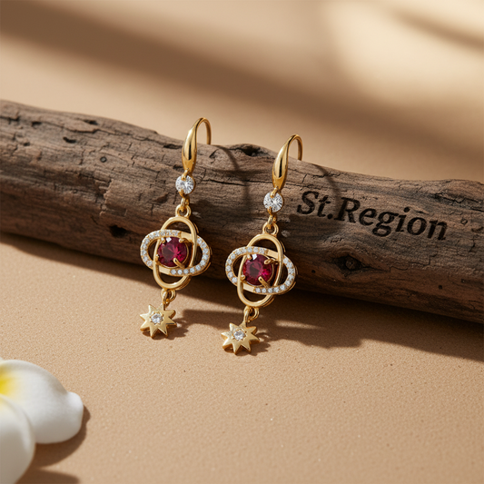 Red Crystal & Cubic Zirconia Goldtone Planet Starburst Hook Earrings - Street Region