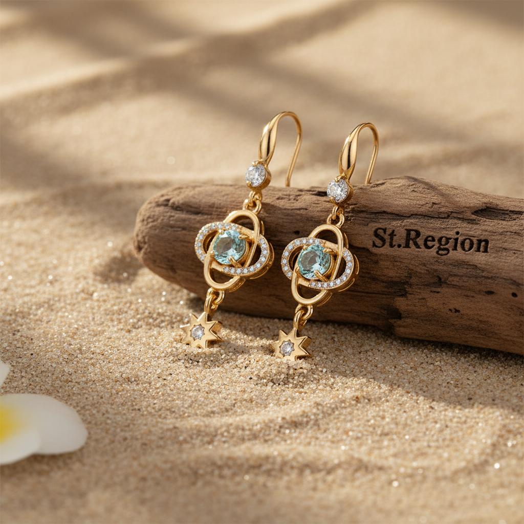Sea Blue Crystal and Cubic Zirconia Goldtone Planet Starburst Hook Earrings, gold drop earrings for women, front view