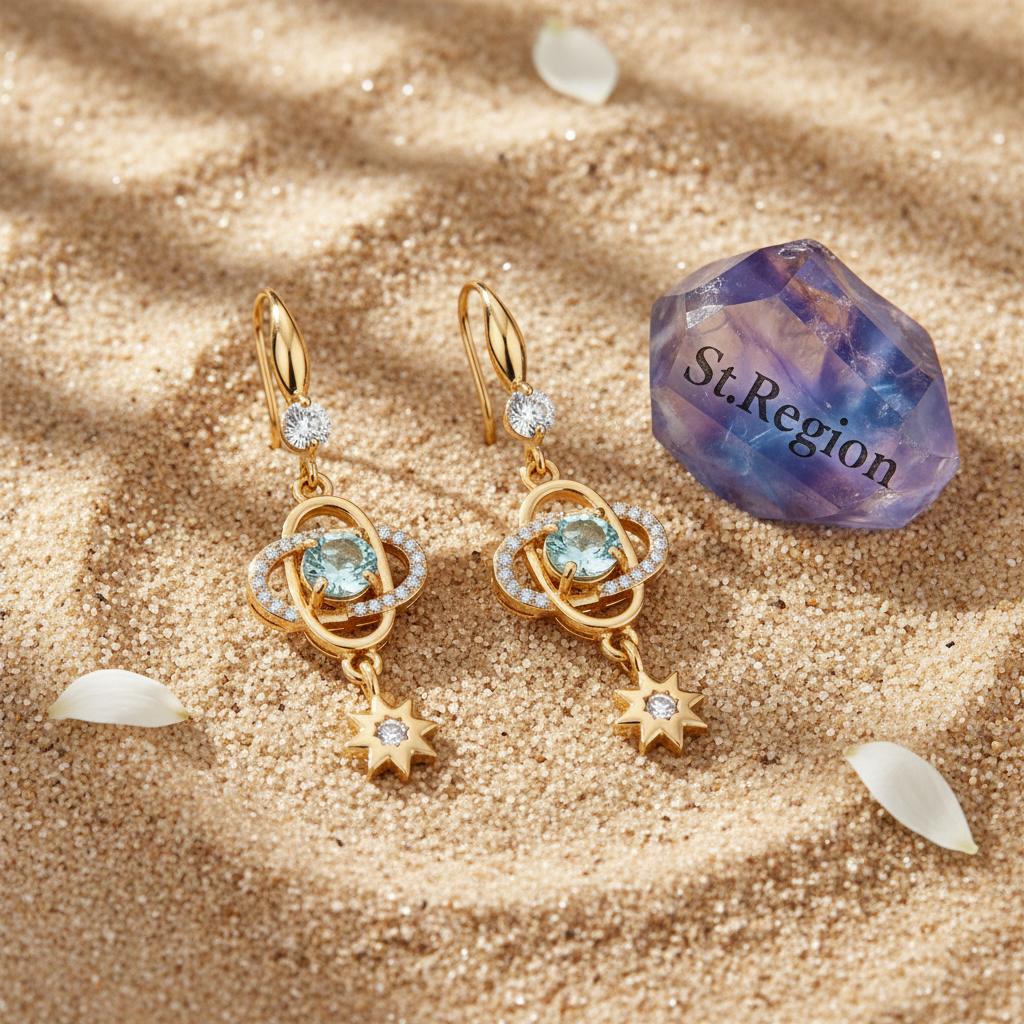 Sea Blue Crystal and Cubic Zirconia Goldtone Planet Starburst Hook Earrings, gold drop earrings for women, detail close-up