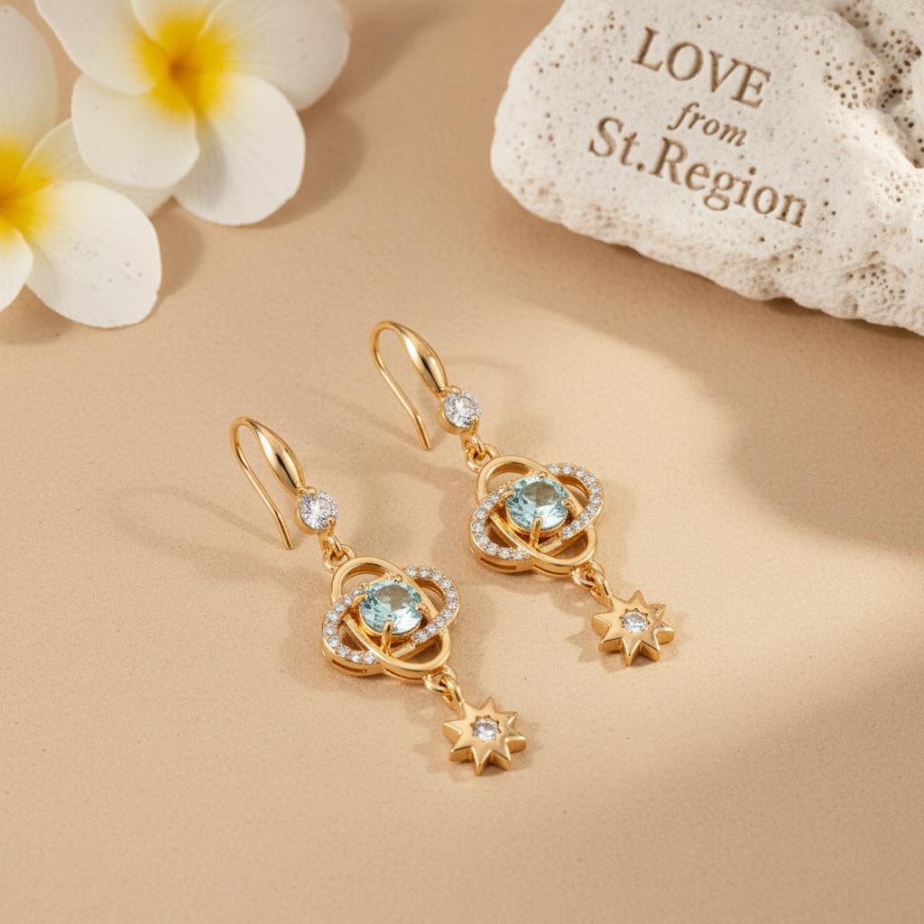 Sea Blue Crystal and Cubic Zirconia Goldtone Planet Starburst Hook Earrings, gold drop earrings for women, lifestyle look