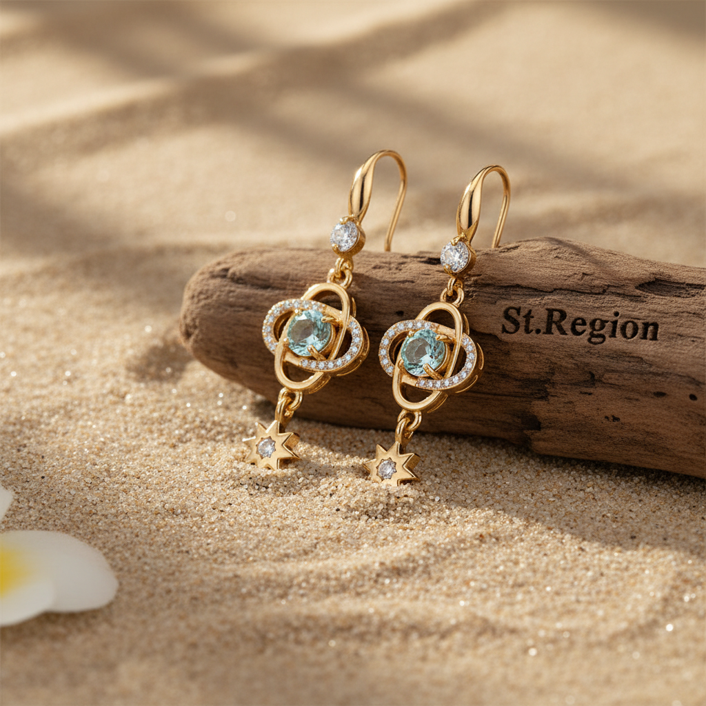 Sea Blue Crystal & Cubic Zirconia Goldtone Planet Starburst Hook Earrings - Street Region