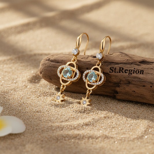 Sea Blue Crystal & Cubic Zirconia Goldtone Planet Starburst Hook Earrings - Street Region