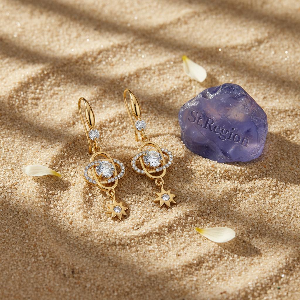 White Crystal and Cubic Zirconia Goldtone Planet Starburst Hook Earrings, gold drop earrings for women, detail close-up