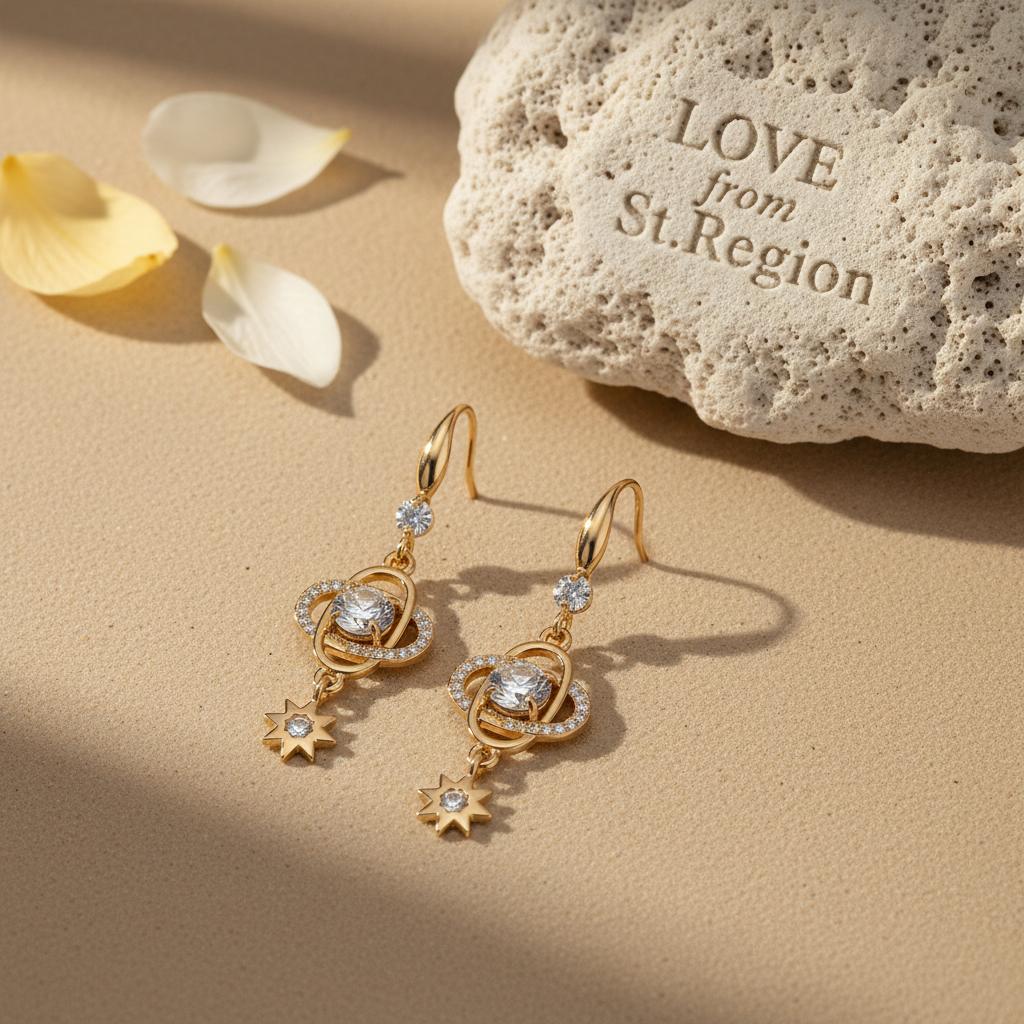 White Crystal and Cubic Zirconia Goldtone Planet Starburst Hook Earrings, gold drop earrings for women, lifestyle look