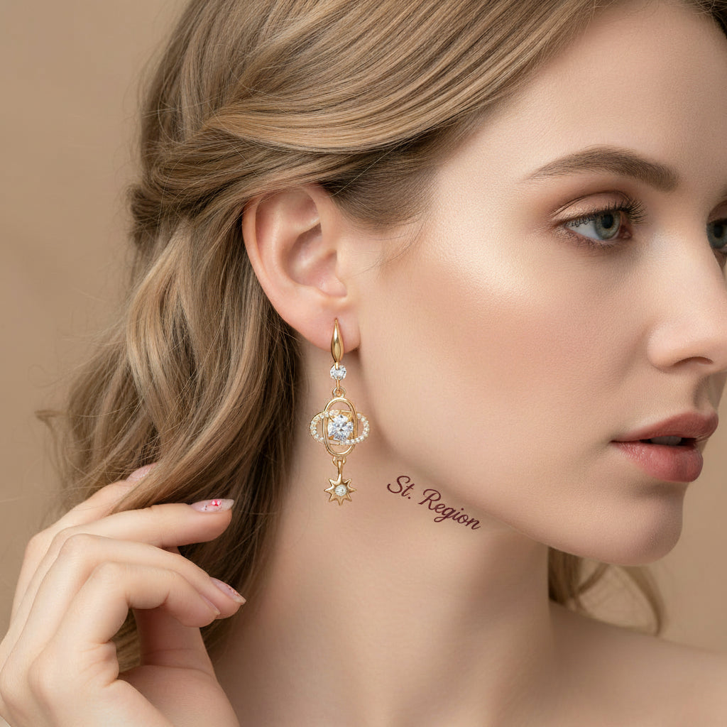 White Crystal & Cubic Zirconia Goldtone Planet Starburst Hook Earrings - Street Region
