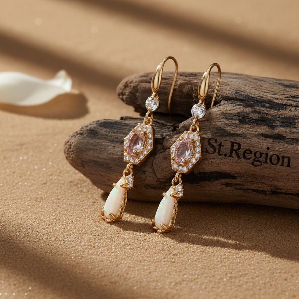 Pink Crystal and Jade Cubic Zirconia Goldtone Hexagon Drop Earrings, gold drop earrings for women, everyday style, front view
