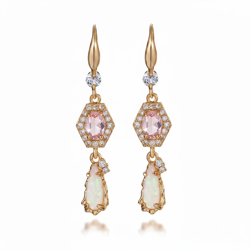 Pink Crystal and Jade Cubic Zirconia Goldtone Hexagon Drop Earrings, gold drop earrings for women, everyday style, side view