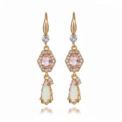 Pink Crystal and Jade Cubic Zirconia Goldtone Hexagon Drop Earrings, gold drop earrings for women, everyday style, side view