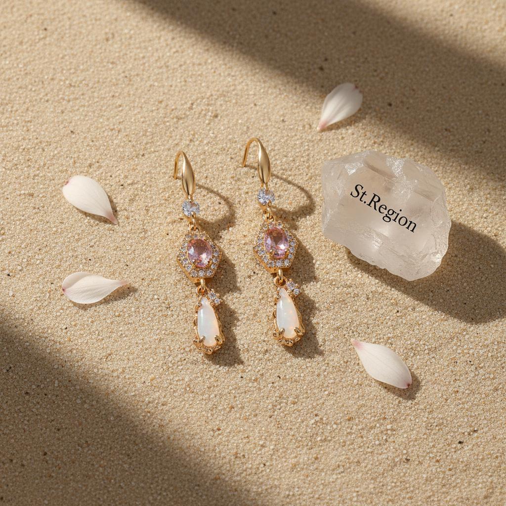 Pink Crystal and Jade Cubic Zirconia Goldtone Hexagon Drop Earrings, gold drop earrings for women, detail close-up