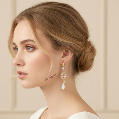 Pink Crystal and Jade Cubic Zirconia Goldtone Hexagon Drop Earrings, gold drop earrings for women, styled look
