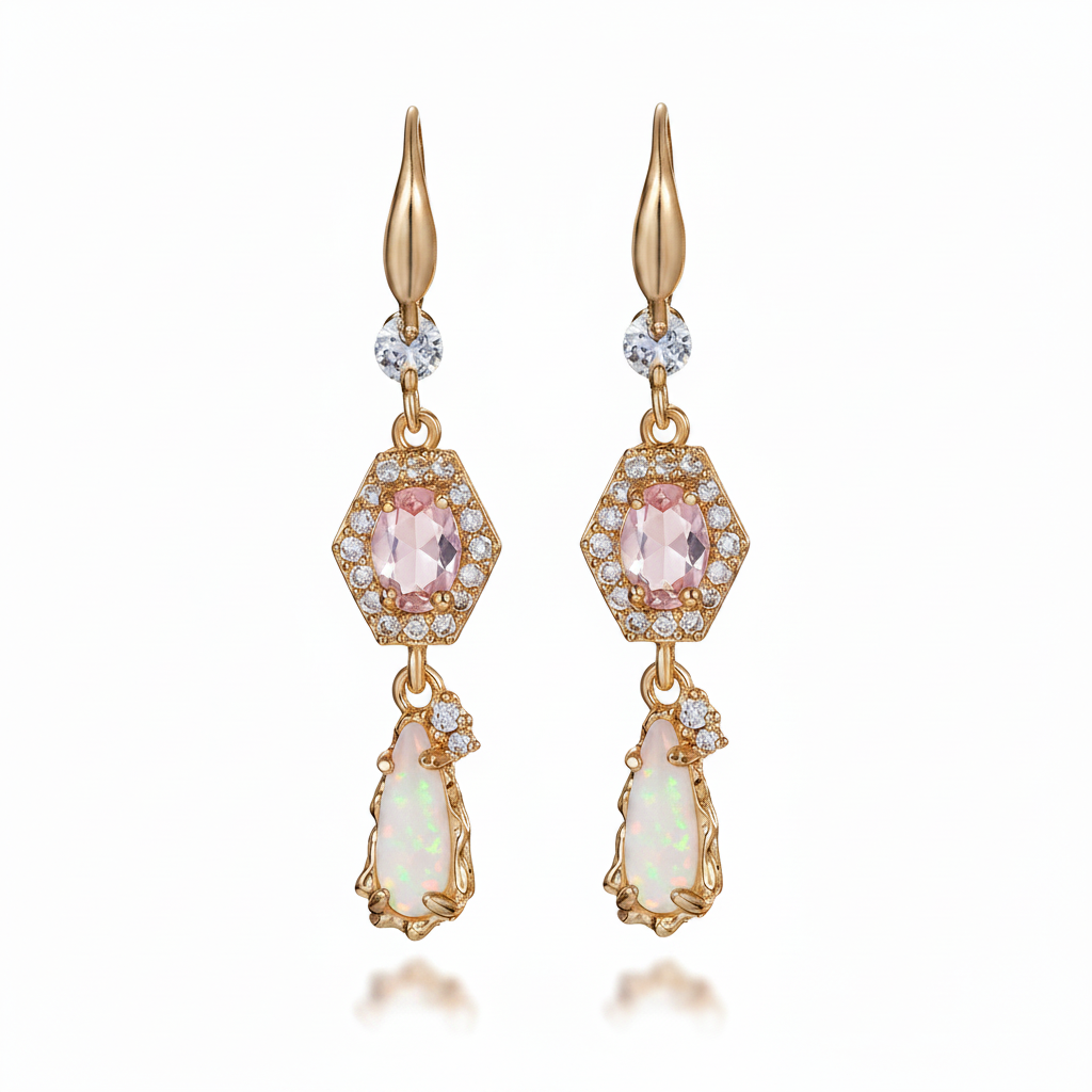 Pink Crystal & Jade Cubic Zirconia Goldtone Hexagon Drop Earrings - Street Region