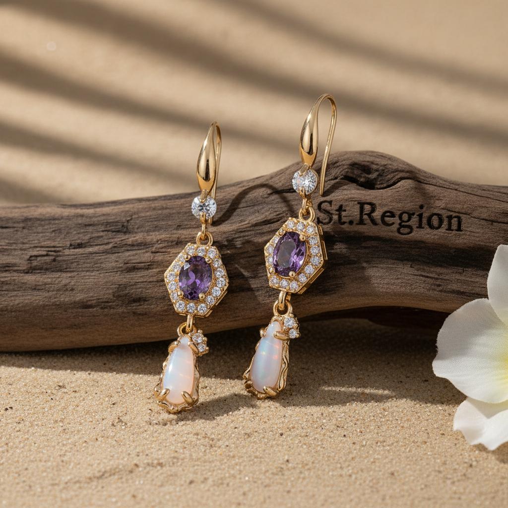 Purple Crystal and Jade Cubic Zirconia Goldtone Hexagon Drop Earrings, gold drop earrings for women, front view