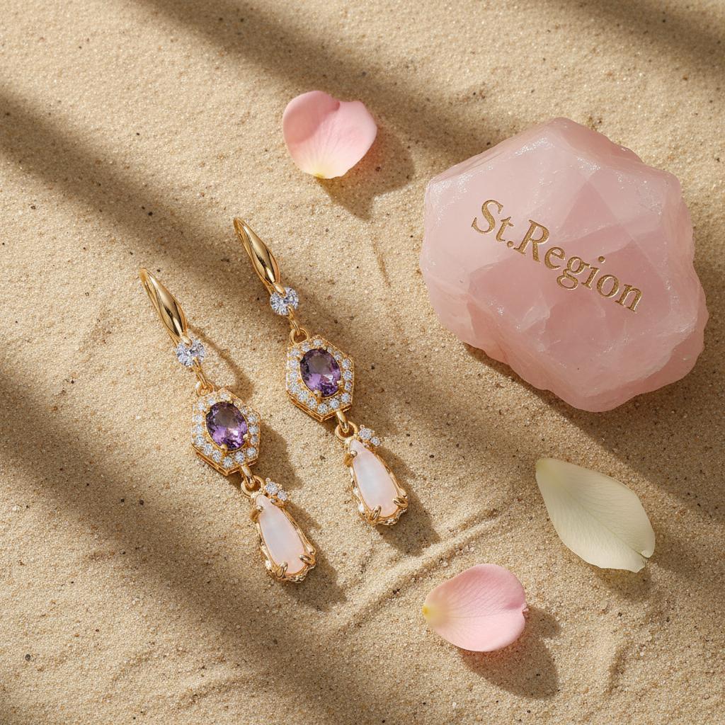 Purple Crystal and Jade Cubic Zirconia Goldtone Hexagon Drop Earrings, gold drop earrings for women, detail close-up