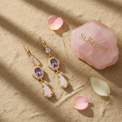 Purple Crystal and Jade Cubic Zirconia Goldtone Hexagon Drop Earrings, gold drop earrings for women, detail close-up