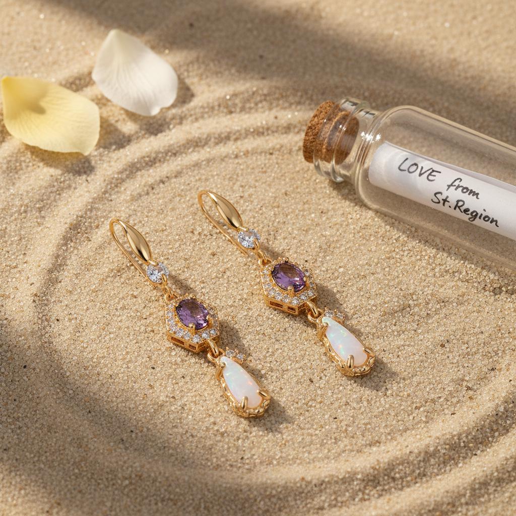 Purple Crystal and Jade Cubic Zirconia Goldtone Hexagon Drop Earrings, gold drop earrings for women, lifestyle look