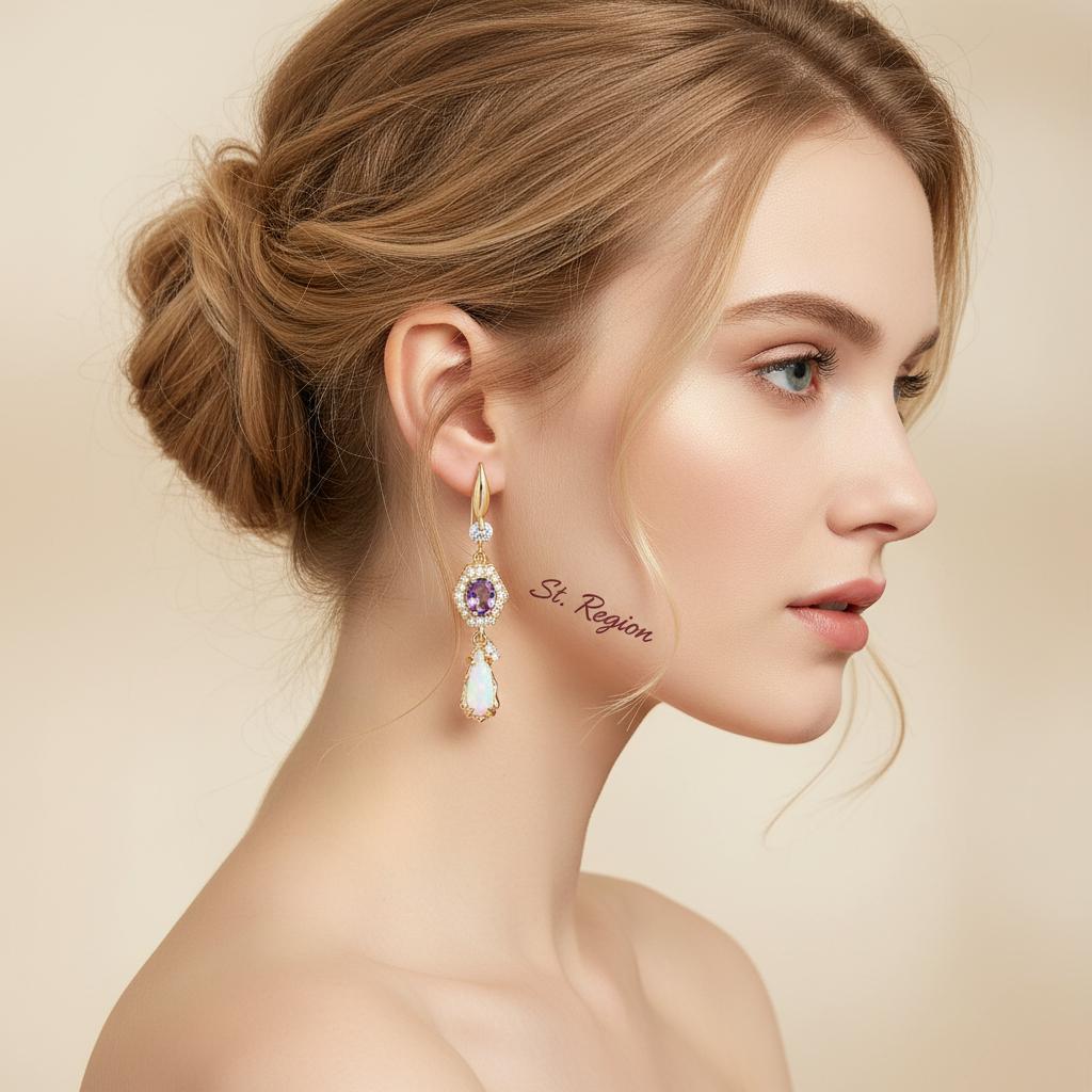 Purple Crystal and Jade Cubic Zirconia Goldtone Hexagon Drop Earrings, gold drop earrings for women, styled look