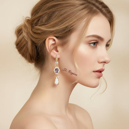 Purple Crystal and Jade Cubic Zirconia Goldtone Hexagon Drop Earrings, gold drop earrings for women, styled look