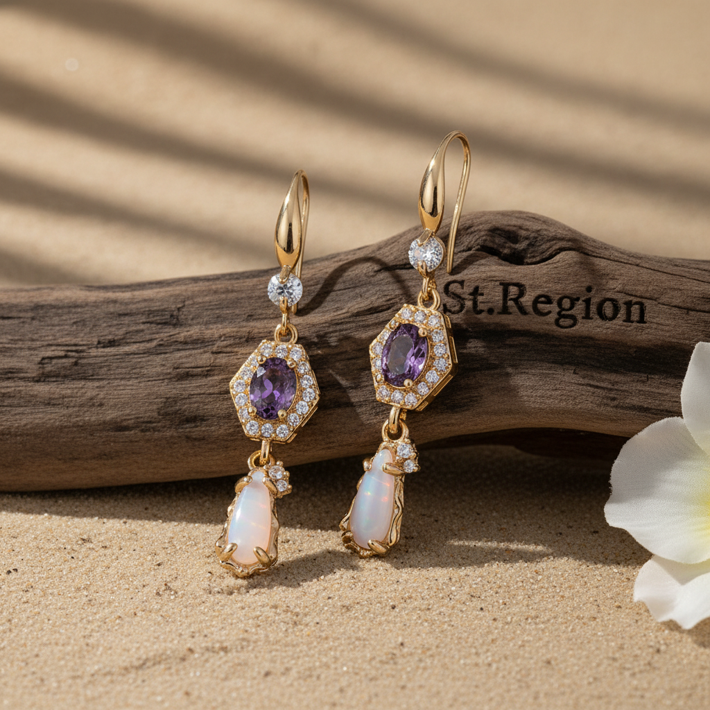 Purple Crystal & Jade Cubic Zirconia Goldtone Hexagon Drop Earrings - Street Region