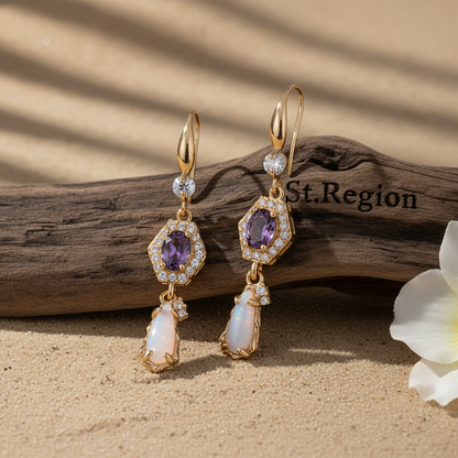 Purple Crystal & Jade Cubic Zirconia Goldtone Hexagon Drop Earrings - Street Region