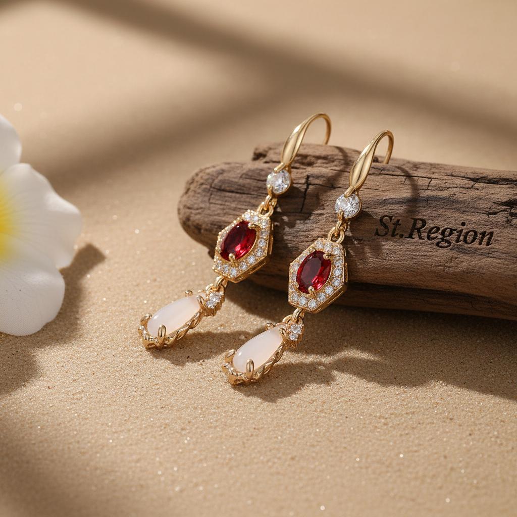 Red Crystal and Jade Cubic Zirconia Goldtone Hexagon Drop Earrings, gold drop earrings for women, everyday style, front view