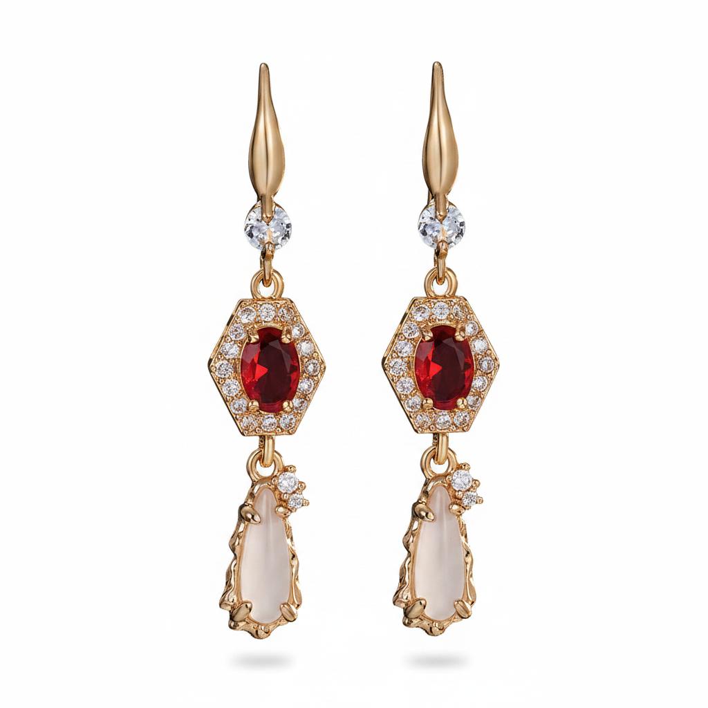 Red Crystal and Jade Cubic Zirconia Goldtone Hexagon Drop Earrings, gold drop earrings for women, everyday style, side view