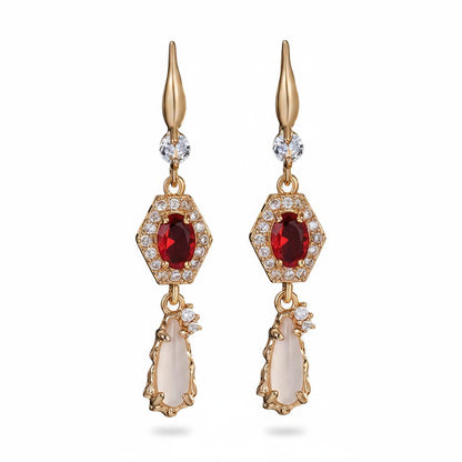 Red Crystal and Jade Cubic Zirconia Goldtone Hexagon Drop Earrings, gold drop earrings for women, everyday style, side view