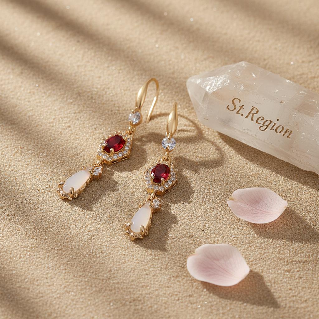 Red Crystal and Jade Cubic Zirconia Goldtone Hexagon Drop Earrings, gold drop earrings for women, detail close-up