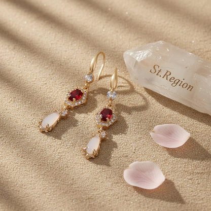 Red Crystal and Jade Cubic Zirconia Goldtone Hexagon Drop Earrings, gold drop earrings for women, detail close-up