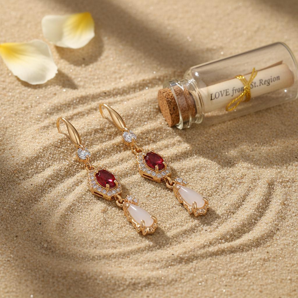 Red Crystal and Jade Cubic Zirconia Goldtone Hexagon Drop Earrings, gold drop earrings for women, lifestyle look