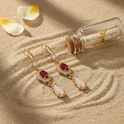 Red Crystal and Jade Cubic Zirconia Goldtone Hexagon Drop Earrings, gold drop earrings for women, lifestyle look