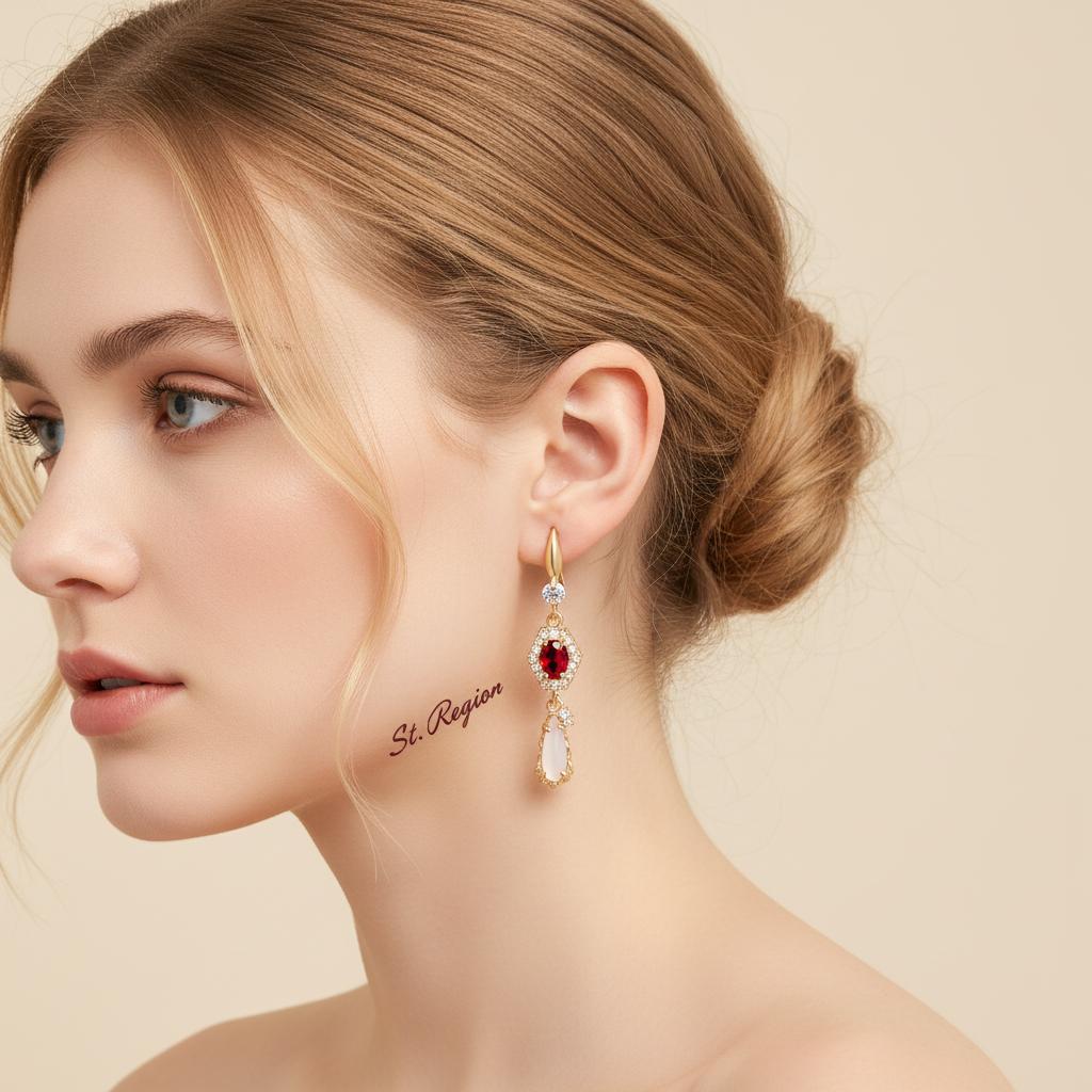 Red Crystal and Jade Cubic Zirconia Goldtone Hexagon Drop Earrings, gold drop earrings for women, everyday style, styled look
