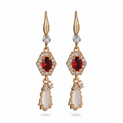 Red Crystal & Jade Cubic Zirconia Goldtone Hexagon Drop Earrings - Street Region
