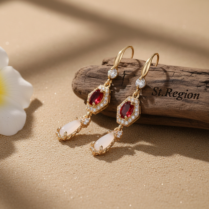 Red Crystal & Jade Cubic Zirconia Goldtone Hexagon Drop Earrings - Street Region