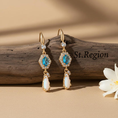 Sea Blue Crystal and Jade Cubic Zirconia Goldtone Hexagon Drop Earrings, gold drop earrings for women, front view