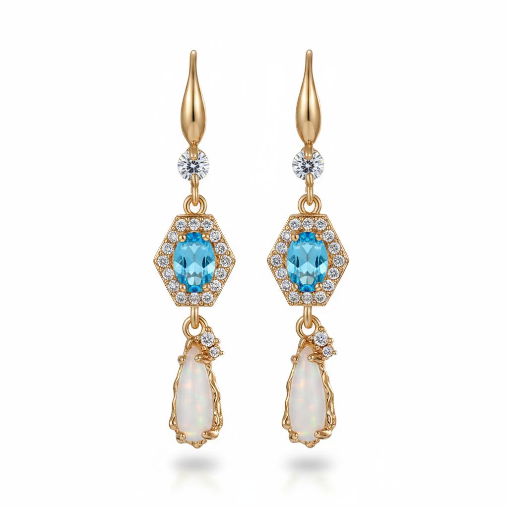 Sea Blue Crystal and Jade Cubic Zirconia Goldtone Hexagon Drop Earrings, gold drop earrings for women, side view