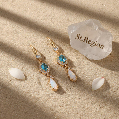 Sea Blue Crystal and Jade Cubic Zirconia Goldtone Hexagon Drop Earrings, gold drop earrings for women, detail close-up