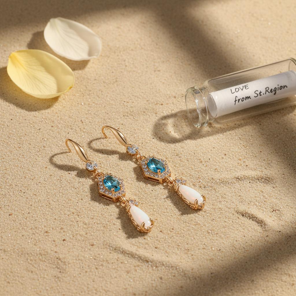 Sea Blue Crystal and Jade Cubic Zirconia Goldtone Hexagon Drop Earrings, gold drop earrings for women, lifestyle look