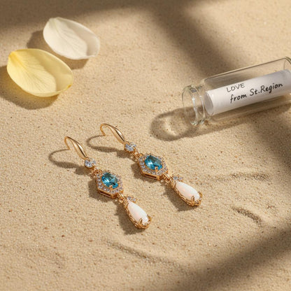 Sea Blue Crystal and Jade Cubic Zirconia Goldtone Hexagon Drop Earrings, gold drop earrings for women, lifestyle look
