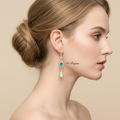 Sea Blue Crystal and Jade Cubic Zirconia Goldtone Hexagon Drop Earrings, gold drop earrings for women, styled look