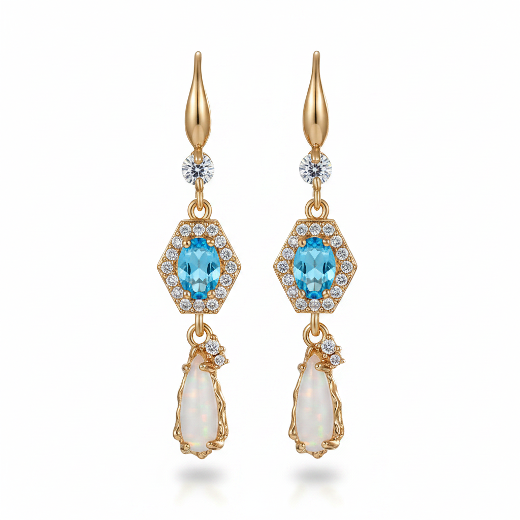 Sea Blue Crystal & Jade Cubic Zirconia Goldtone Hexagon Drop Earrings - Street Region