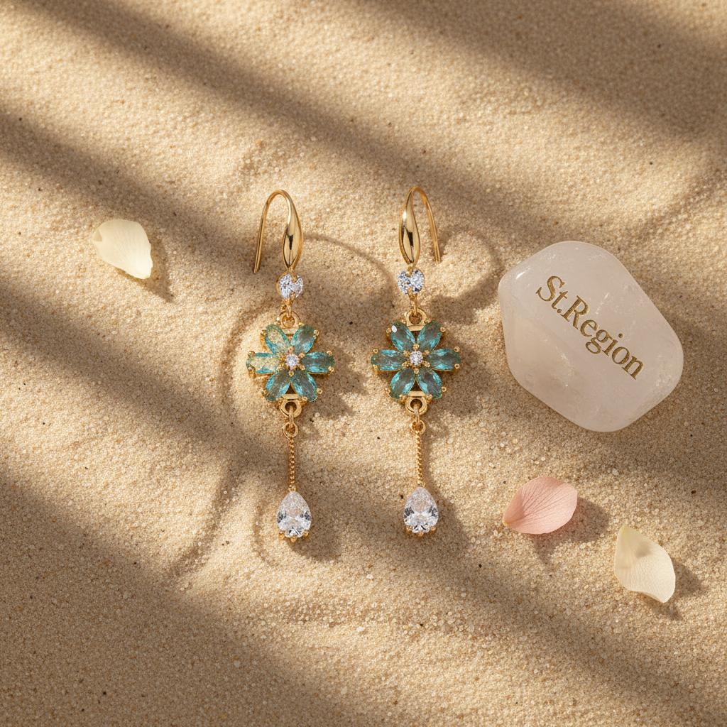 Pink Crystal and Cubic Zirconia Goldtone Flower Drop Hook Earrings, gold drop earrings for women, detail close-up