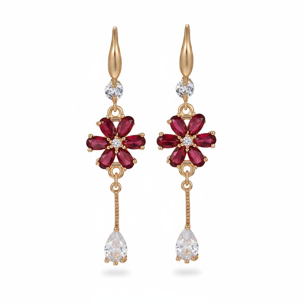 Red Crystal and Cubic Zirconia Goldtone Flower Drop Hook Earrings, gold drop earrings for women, side view