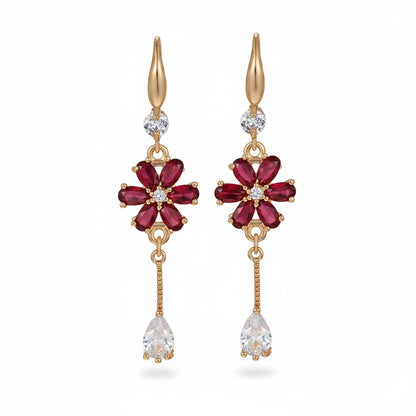 Red Crystal and Cubic Zirconia Goldtone Flower Drop Hook Earrings, gold drop earrings for women, side view