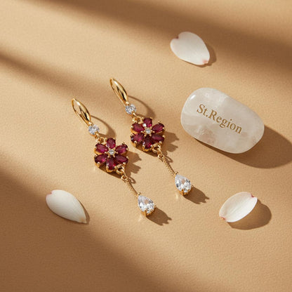 Red Crystal and Cubic Zirconia Goldtone Flower Drop Hook Earrings, gold drop earrings for women, detail close-up