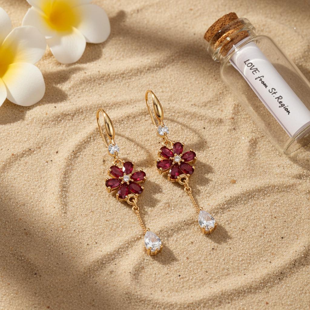 Red Crystal and Cubic Zirconia Goldtone Flower Drop Hook Earrings, gold drop earrings for women, lifestyle look