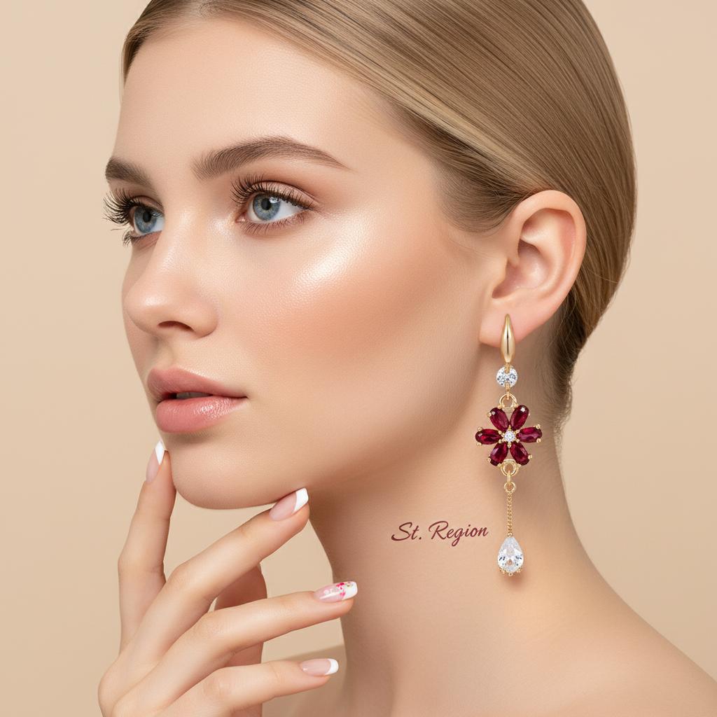 Red Crystal and Cubic Zirconia Goldtone Flower Drop Hook Earrings, gold drop earrings for women, styled look