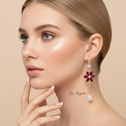 Red Crystal and Cubic Zirconia Goldtone Flower Drop Hook Earrings, gold drop earrings for women, styled look