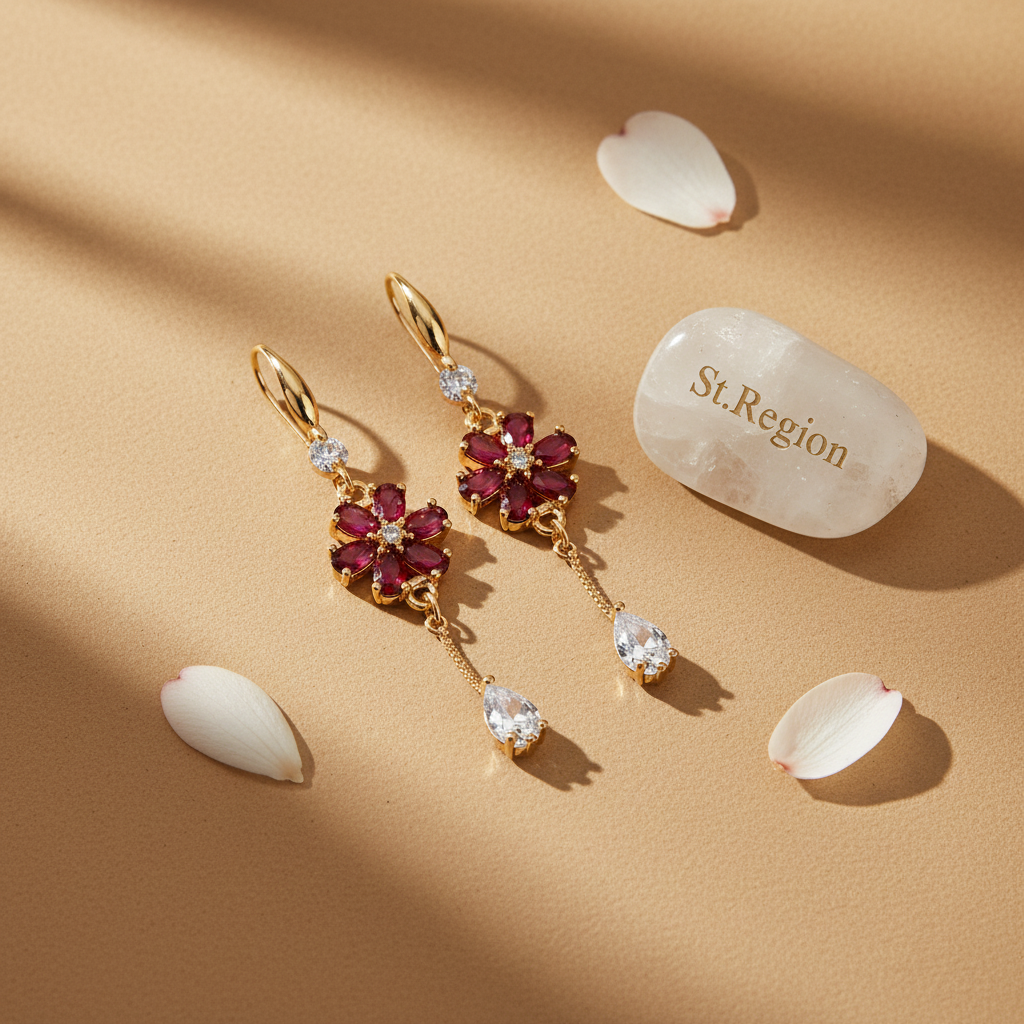 Red Crystal & Cubic Zirconia Goldtone Flower Drop Hook Earrings - Street Region