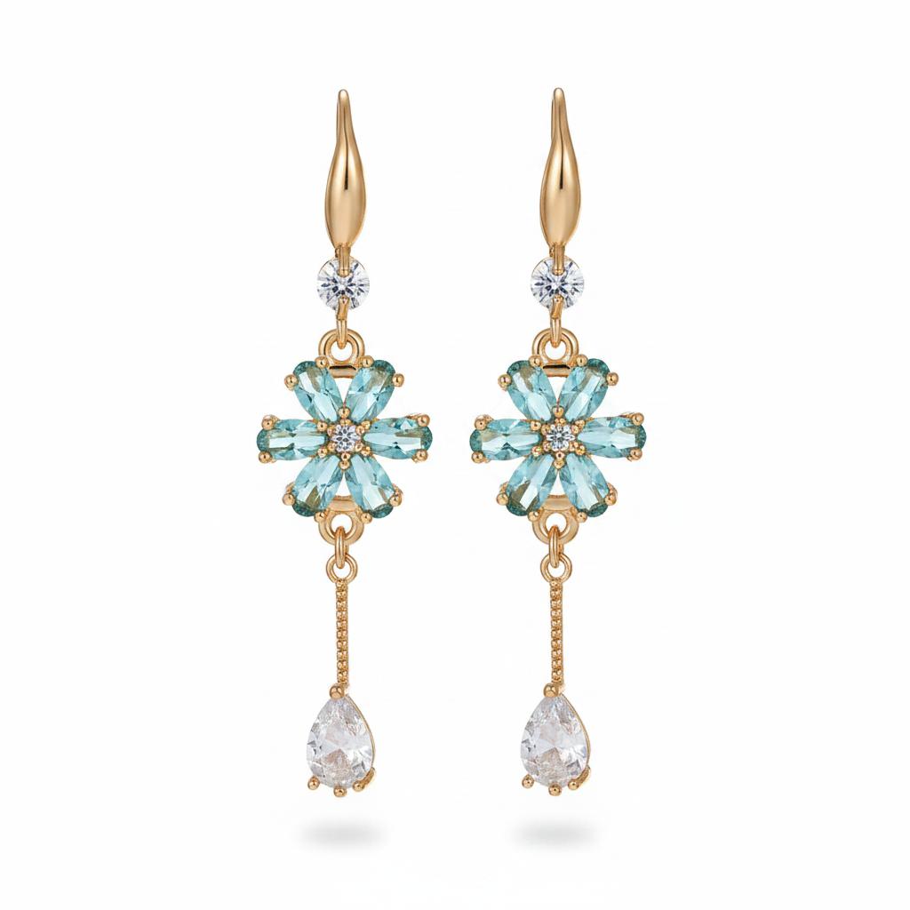 Sea Blue Crystal and Cubic Zirconia Goldtone Flower Drop Hook Earrings, gold drop earrings for women, side view