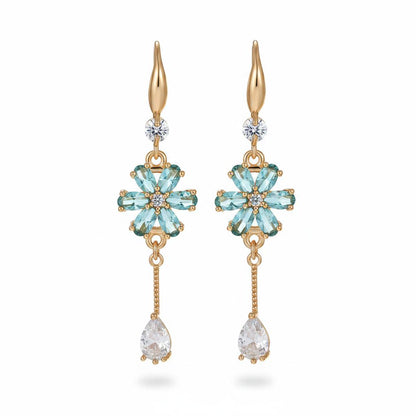 Sea Blue Crystal and Cubic Zirconia Goldtone Flower Drop Hook Earrings, gold drop earrings for women, side view